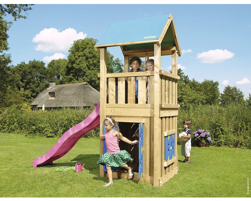 Spielturm Jungle Gym Castle Holz mit Spielhaus und Rutsche in der Farbe fuchsia, 290x146x291 cm