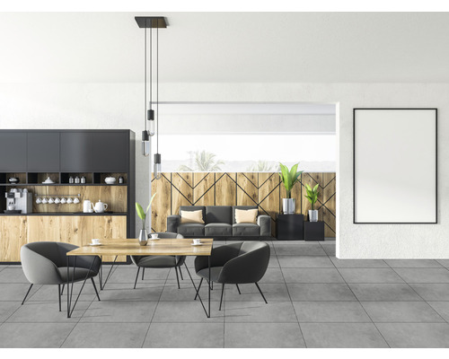 Wohnraum mit Küchenzeile, Esstisch und Sitzgelegenheiten in modernem Design