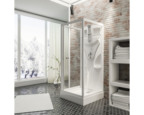 Fertigdusche Schulte ExpressPlus Juist 80x80x190 cm Echtglas Klar hell alpinweiß Duschkabine im Badezimmer mit Fenster und Regal