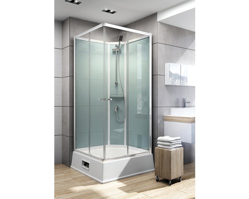 Fertigdusche Schulte ExpressPlus Korfu II 94x110x215 cm Echtglas Klar hell grün Komplette Duschkabine mit Armatur in einem Badezimmer