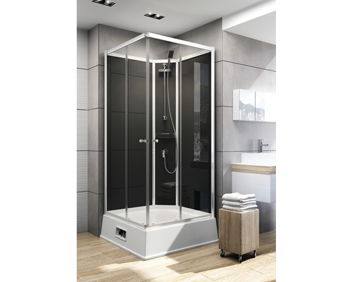 Fertigdusche Schulte ExpressPlus Korfu II 94x110x215 cm Echtglas Klar hell schwarz Eckdusche mit Duschwanne im Badezimmer