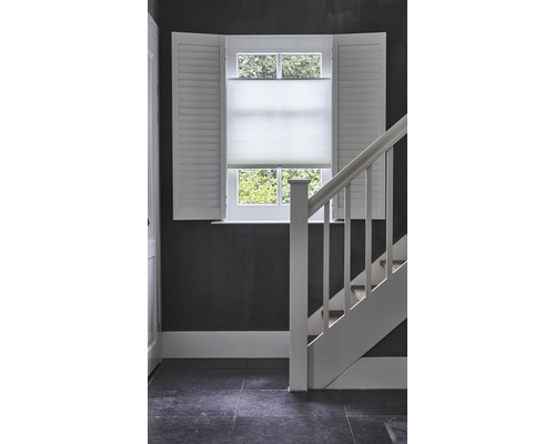 Szene mit Fenster, Fensterläden, Plissee und Treppe in einem Innenraum.