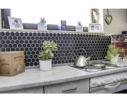 Küchenszene mit sechseckigen Fliesen, Teekessel und Zimmerpflanzen