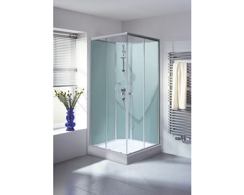 Fertigdusche Schulte ExpressPlus Korfu II 89x89x202 cm Echtglas Klar hell grün Eckdusche mit Handtuchwärmer in hellem Badezimmer