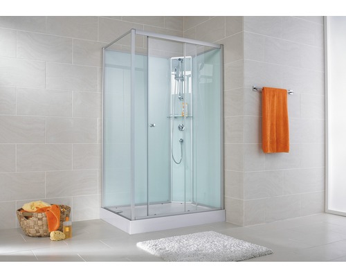 Fertigdusche Schulte ExpressPlus Ibiza rechts 140x90x204 cm Echtglas Klar hell Quadratische Duschkabine mit Schiebetüren im Badezimmer