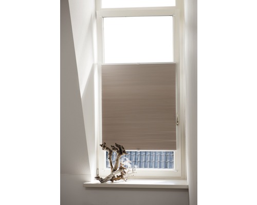 Beige Plissee-Jalousie am Fenster für Sonnenschutz und Dekoration