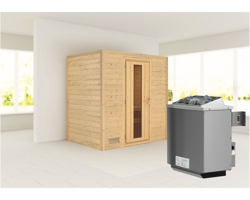 Blockbohlensauna Karibu Sonja inkl. 9 kW Ofen u.integr.Steuerung ohne Dachkranz mit Holztüre und Isolierglas wärmegedämmt