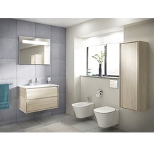 Modernes Badezimmer mit Waschtisch, Spiegel, Toilette und Bidet.