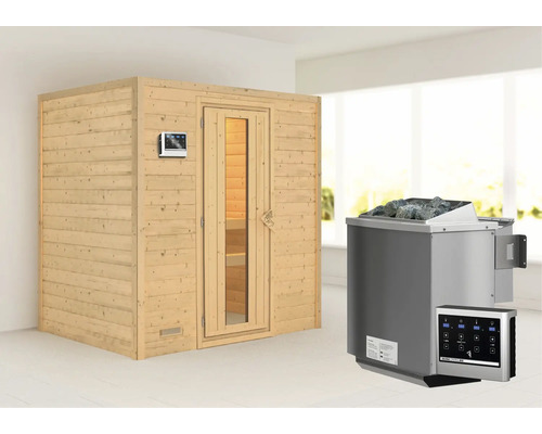 Blockbohlensauna Karibu Sonja inkl. 9 kW Bio Ofen u.ext.Steuerung ohne Dachkranz mit Holztüre und Isolierglas wärmegedämmt