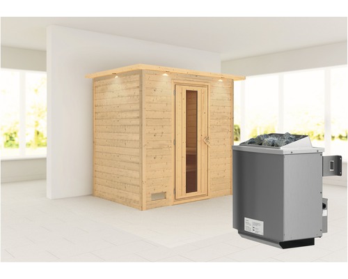 Blockbohlensauna Karibu Sonja inkl. 9 kW Ofen u.integr.Steuerung mit Dachkranz und Holztüre mit Isolierglas wärmegedämmt