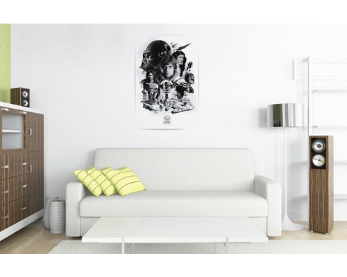 Wohnzimmer mit Star Wars Poster an der Wand, Sofa, Schrank und Lautsprechern
