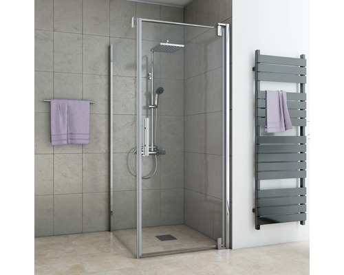 Drehtür für Seitenwand Breuer Express Q72 Europa Design 900x2000 mm Anschlag rechts Echtglas Klar hell chromoptik mit schmutzabweisender Glasbeschichtung Badezimmer mit Duschkabine, Handtuch und Heizkörper