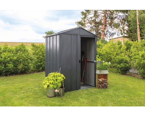 Gartenszene mit einem Geräteschuppen auf einer Rasenfläche