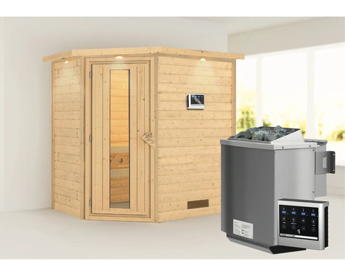 Blockbohlensauna Karibu Svea inkl. 9 kW Bio Ofen u.ext.Steuerung mit Dachkranz und Holztüre mit Isolierglas wärmegedämmt