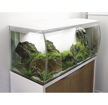 Aquarium mit Steinen und Pflanzen auf einem Unterschrank