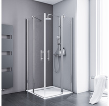 Eckdusche mit Duschwanne und Brausegarnitur im Badezimmer