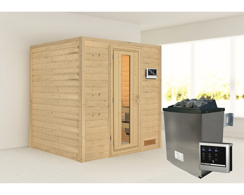 Blockbohlensauna Karibu Anja inkl. 9 kW Ofen u.ext.Steuerung ohne Dachkranz mit Holztüre und Isolierglas wärmegedämmt