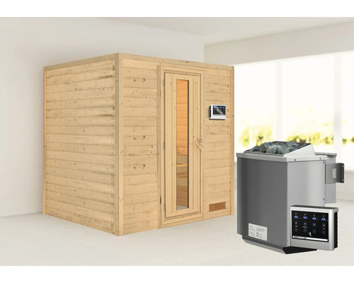 Blockbohlensauna Karibu Anja inkl. 9 kW Bio Ofen u.ext.Steuerung ohne Dachkranz mit Holztüre und Isolierglas wärmegedämmt