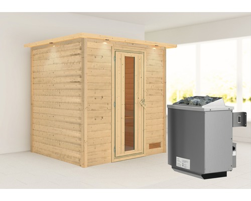 Blockbohlensauna Karibu Anja inkl. 9 kW Ofen u.integr.Steuerung mit Dachkranz und Holztüre mit Isolierglas wärmegedämmt