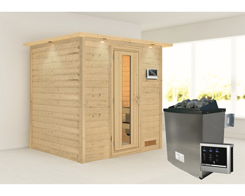 Blockbohlensauna Karibu Anja inkl. 9 kW Ofen u.ext.Steuerung mit Dachkranz und Holztüre mit Isolierglas wärmegedämmt