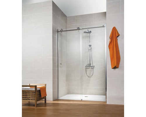 Schiebetür für Nische Schulte ExpressPlus Masterclass 1400x2000 mm Anschlag rechts Echtglas Klar hell chromoptik mit schmutzabweisender Glasbeschichtung Badezimmer mit Duschkabine mit Schiebetür und Duscharmatur