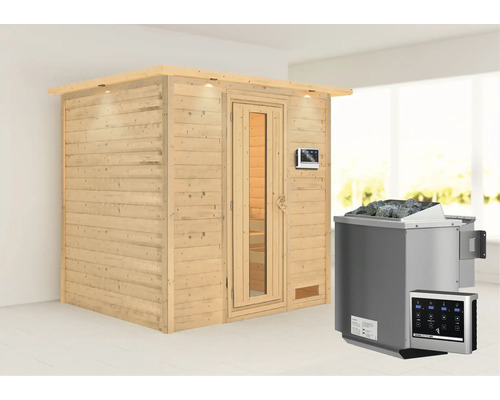 Blockbohlensauna Karibu Anja inkl. 9 kW Bio Ofen u.ext.Steuerung mit Dachkranz und Holztüre mit Isolierglas wärmegedämmt