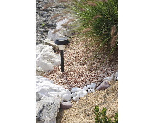 Gartenszene mit Zierkies und Solarleuchte