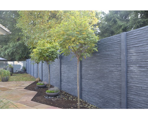 Gartenansicht mit grauer Steinwand und Bäumen