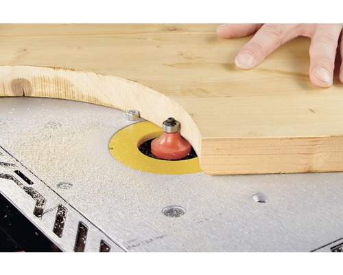 Holzbearbeitung mit einer Oberfräse an einem Holztisch