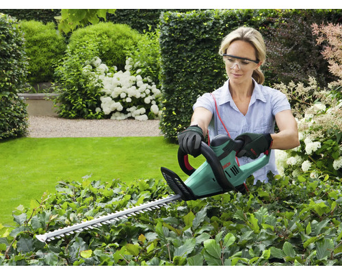 Frau schneidet Hecke mit einer Heckenschere im Garten.