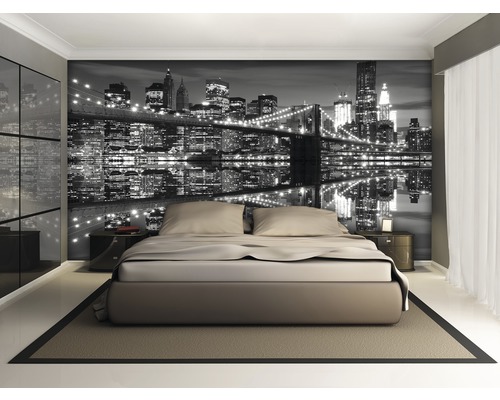Schlafzimmer mit Fototapete einer New Yorker Skyline