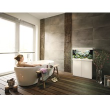 Helles Badezimmer mit freistehender Badewanne, Holzboden und Aquarium