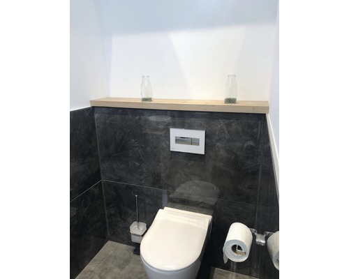 Modernes Badezimmer mit Toilette, Toilettenpapierhalter und Ablage