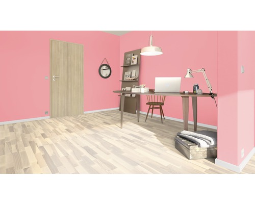 Helles Zimmer mit Tür, Schreibtisch und Regalen