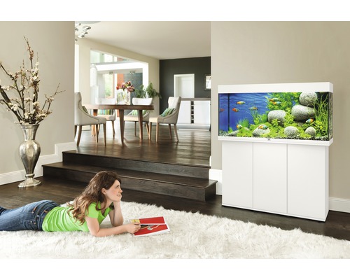 Wohnzimmer mit Aquarium auf Unterschrank, Fischen und Wasserpflanzen