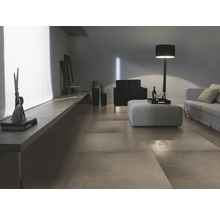 Wohnzimmer mit Bodenfliesen, Sofa, Sessel und Stehlampe.