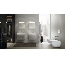 Modernes Badezimmer mit zwei Waschbecken, Spiegeln, Toilette und Bidet vor einem Fenster mit Blick auf eine Stadt