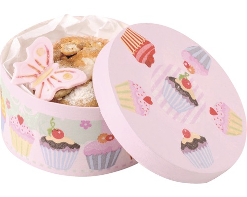 Geöffnete Keksdose mit Cupcake-Motiv