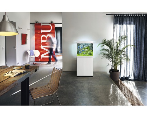 Wohnraum mit Aquarium auf Unterschrank, Tisch und Stühlen