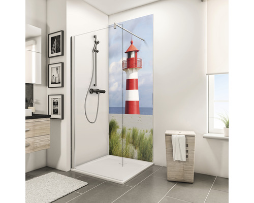 Duschrückwand Schulte Decodesign 900x2100x3 mm Foto Leuchtturm Badezimmer mit Duschkabine, Duschtasse, Duscharmatur und Leuchtturm-Motiv auf der Duschwand