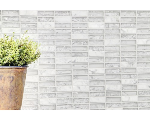 Wand mit Mosaikfliesen und Pflanze im Topf.