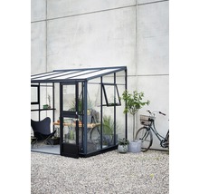 Gewächshaus mit offenstehender Tür, Pflanzen und Fahrrad im Garten