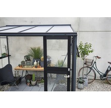 Gewächshaus mit Pflanzen, Tisch und Fahrrad