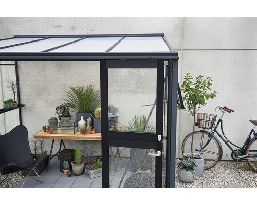 Gewächshaus mit Pflanzen, Tisch und Fahrrad