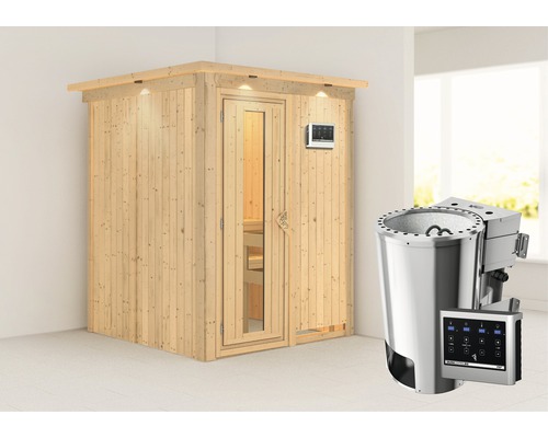 Plug & Play Sauna Karibu Achat I inkl. 3,6 kW Bio Ofen u.ext.Steuerung mit Dachkranz und Holztüre aus Isolierglas wärmegedämmt