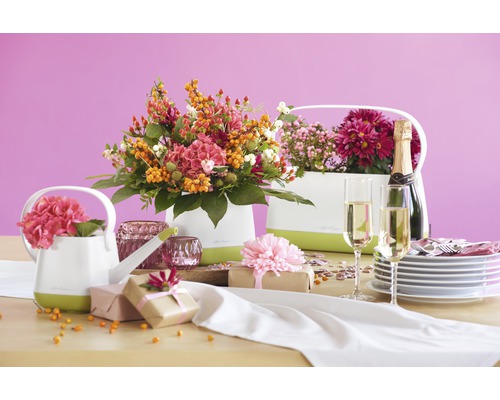 Dekorativer Tisch mit Blumenarrangements in Übertöpfen, Geschenken, Sekt und Geschirr