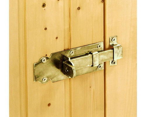 Riegel aus Metall an Holztür befestigt