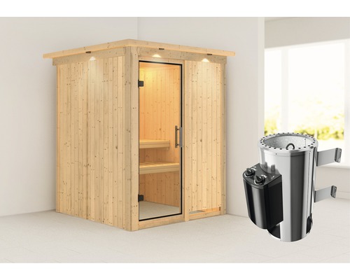 Plug & Play Sauna Karibu Achat I inkl. 3,6 kW Ofen u.integr.Steuerung mit Dachkranz und Ganzglastüre aus Klarglas