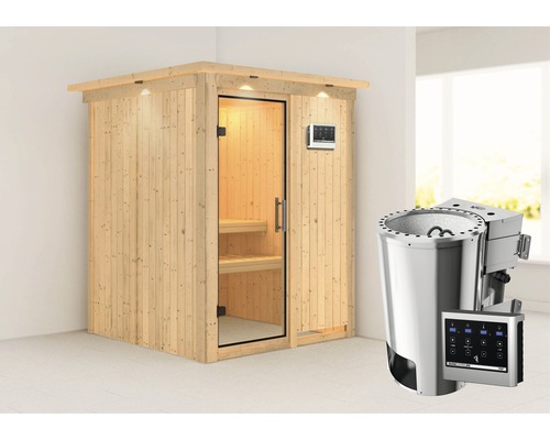 Plug & Play Sauna Karibu Achat I inkl. 3,6 kW Bio Ofen u.ext.Steuerung mit Dachkranz und Ganzglastüre aus Klarglas