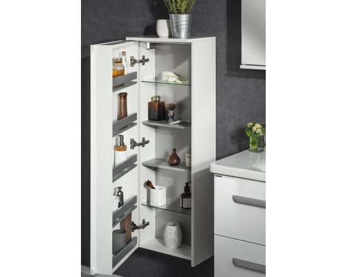 MidischrankFackelmann mit 8 Fächer links 115x40,5x26 cm weiß Offener Badezimmerschrank mit Glasablagen und diversen Badutensilien